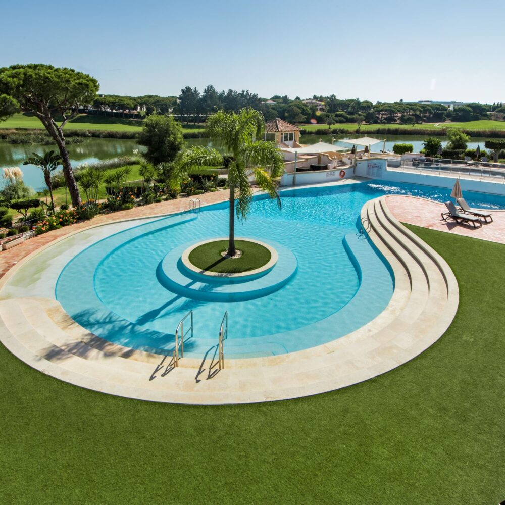 Two bedroom apartment for sale within Sao Lourenco resort, Quinta do Lago pool overview